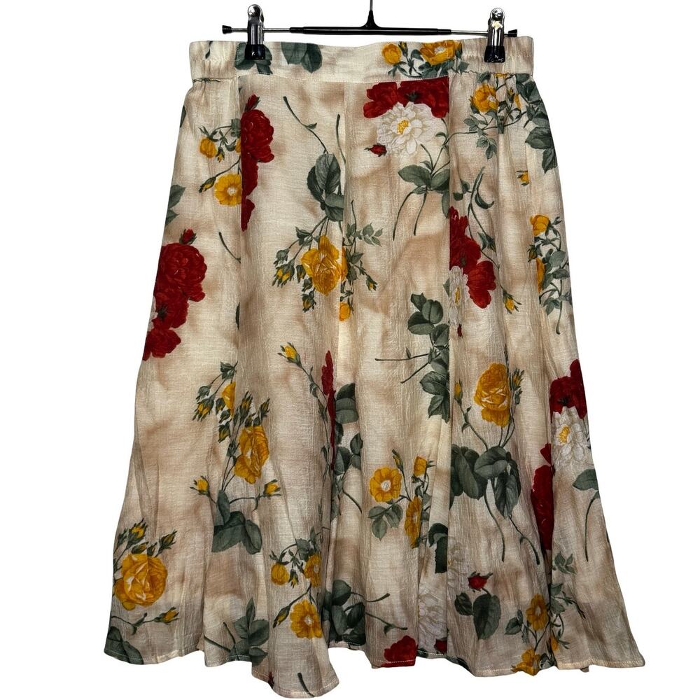 Floral Midi Skirt Summer Lightweight Beige, Yellow Green Vintage 80s Size: 40